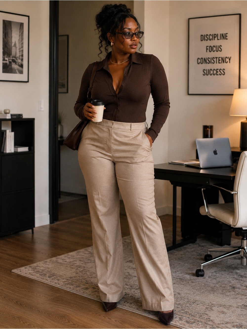 Anne Klein Khaki Tan Trousers Flare Office Siren Dress Pants Mid Rise Flared